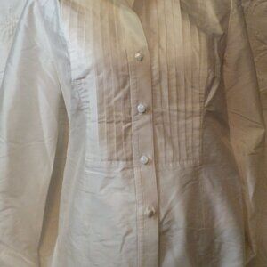 Vintage Classic Ivory Silk Blouse with Pleated Detail Collared Button Down